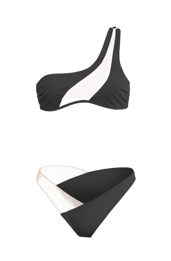 Pharos Bikini 30 Close up Pharos Bikini Luxe white one shoulder top with sheer tulle panel and gold bead necklace emphasizing feminine curves gost black front