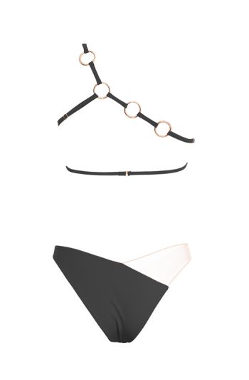 Pharos Bikini 31 Close up Pharos Bikini Luxe white one shoulder top with sheer tulle panel and gold bead necklace emphasizing feminine curves gost black retro