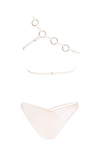 Pharos Bikini 35 Close up Pharos Bikini Luxe white one shoulder top with sheer tulle panel and gold bead necklace emphasizing feminine curves gost white retro