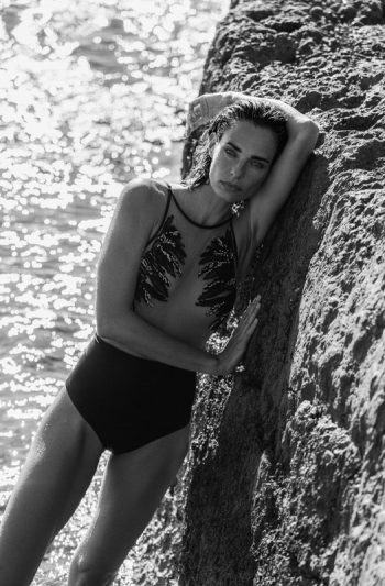 Nadia One-Piece 18 Black Nadia one piece premium French interlock lower with UV50 protection sheer upper blooming in hand beaded chiffon effortless rockside allure