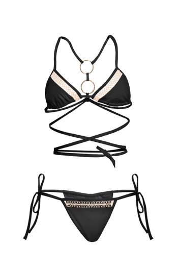 Rhea Bikini 32 RHEA black bikini with gold accents and adjustable ties sensual pose with arms raised against ocean backdrop gost black front