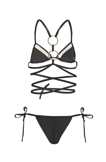 Rhea Bikini 33 RHEA black bikini with gold accents and adjustable ties sensual pose with arms raised against ocean backdrop gost black retro